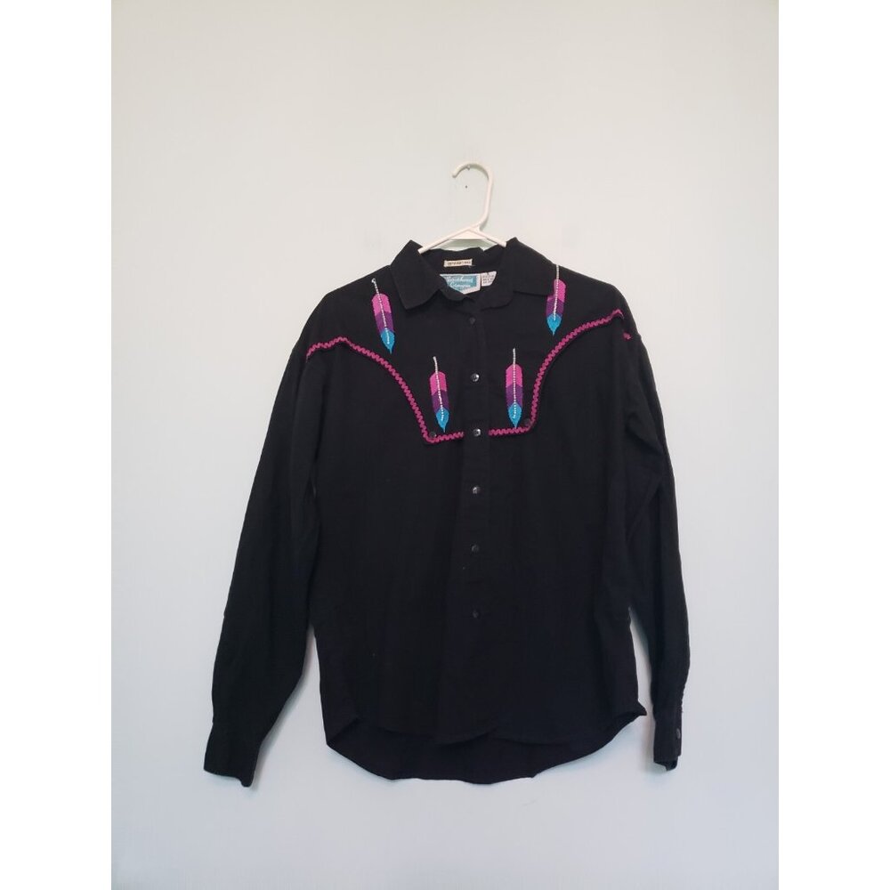 Vtg Southwest Canyon Womens S Shirt Cotton Western Feather Embroidered Button